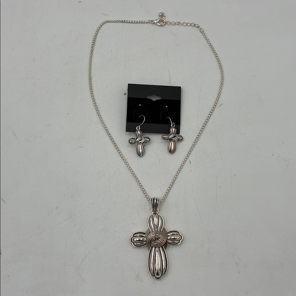 Silver Cross Necklace and Earrings Set